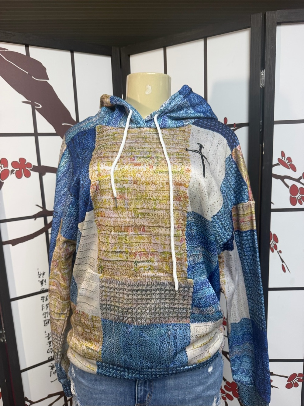 Patchwork Blue Multi Hooded Women's Sweater Pullover